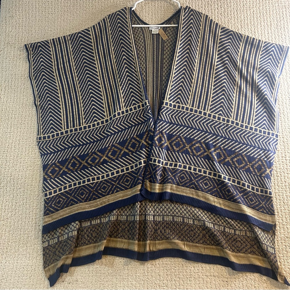 Blue and tan geometric poncho sweater